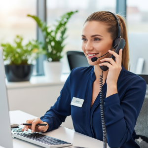 Kobieta pracująca w biurze, uśmiechnięta, w słuchawce i z mikrofonem, obsługująca klienta przy komputerze.