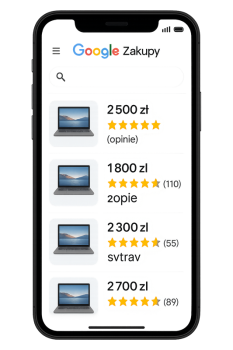 Telefon z ekranem pokazującym Google Zakupy z katalogiem produktów i ocenami w gwiazdkach